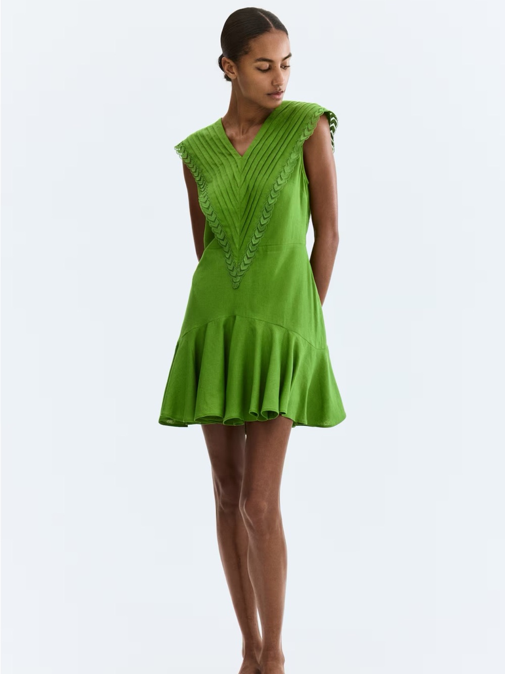 NWOT H&M Bright Green Linen Flounce Mini Dress